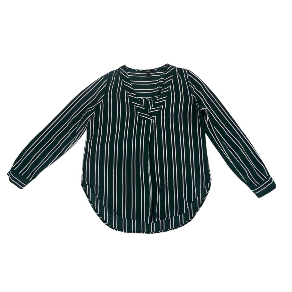 Forever 21 Blue Green Striped Long Sleeve V-Neck Blouse Size Medium Women’s